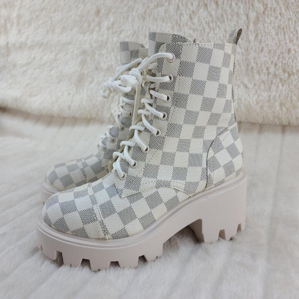 Off White Checker Pattern Platform Combat Boots - Picture 2 of 6